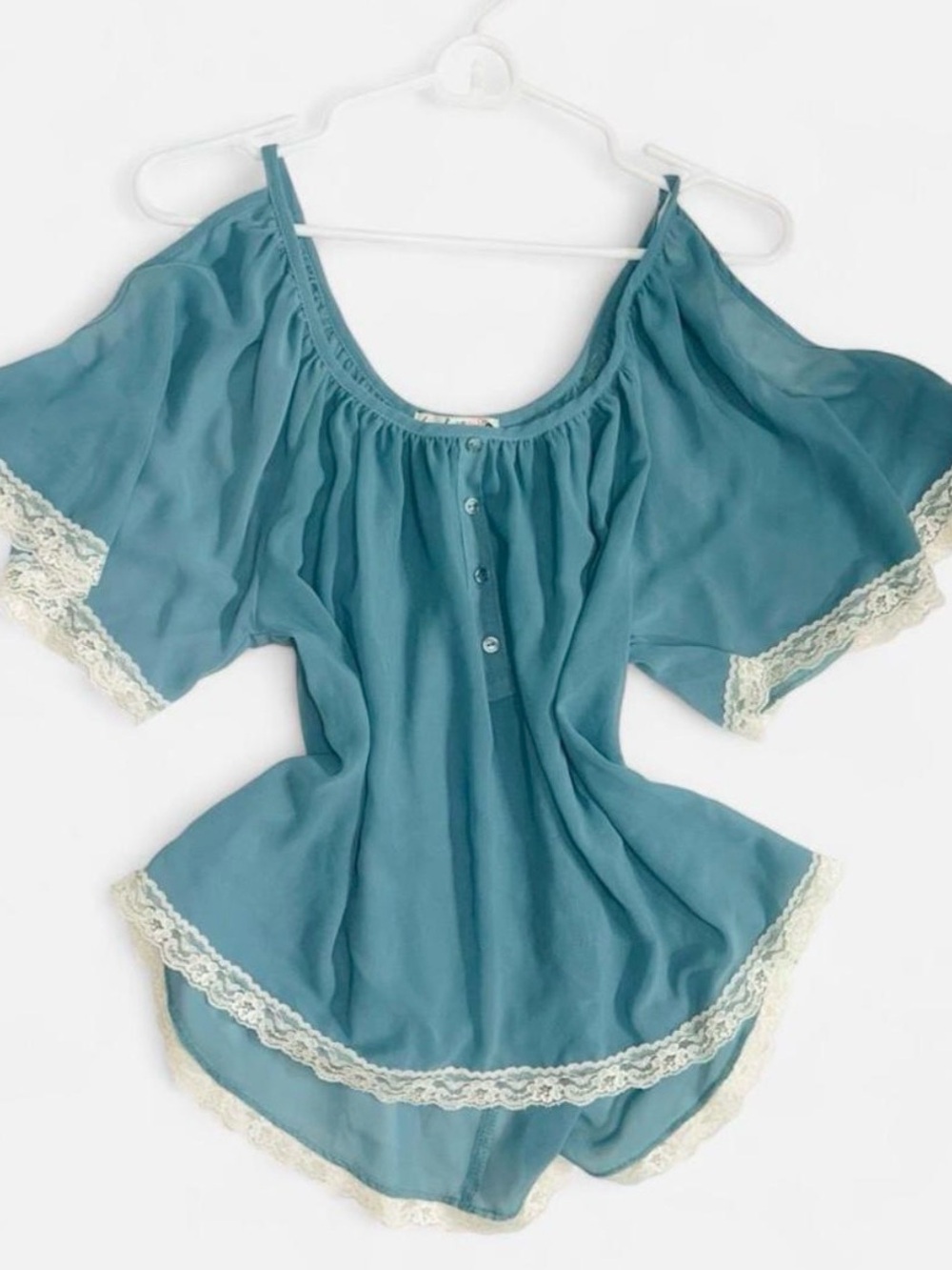 Love Squared Teal Blue Cold-Shoulder Blouse with Cream Lace Trim